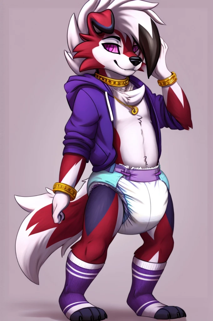  A dark purple Midnight femboy lycanroc wearing a blue and purple hoodie and diaper and white socks with black stripes and a gold necklace on his neck and with bracelets on his arms 