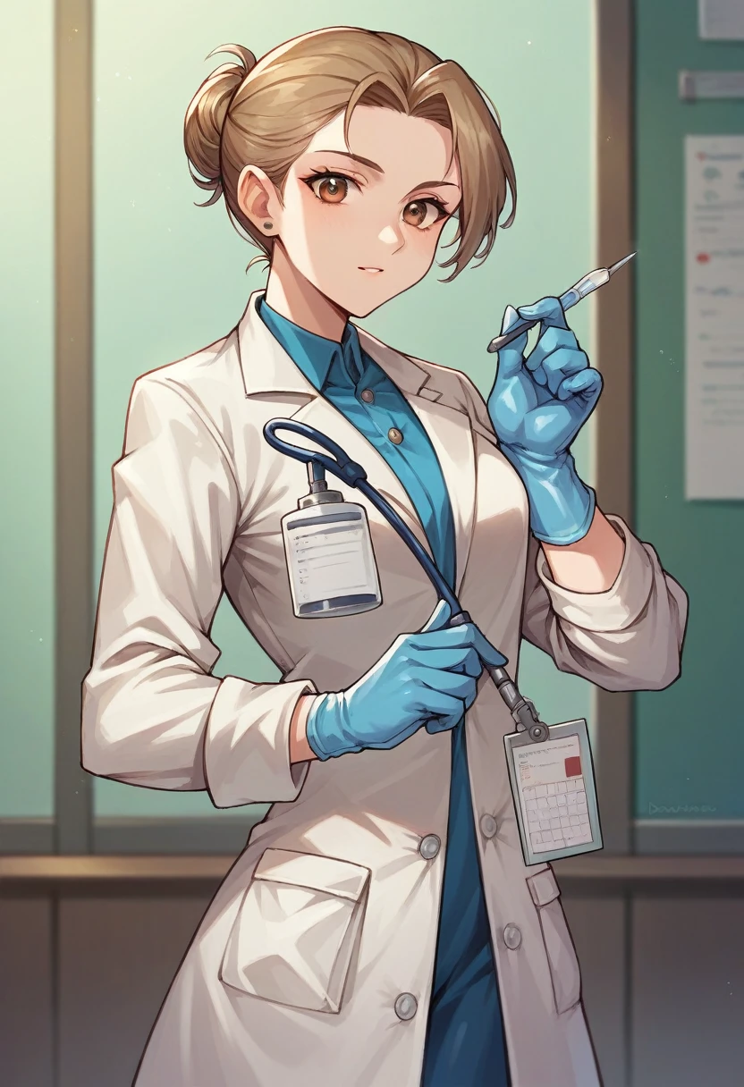1girl, ((blue gloves)), ((surgical gloves)), ((latex gloves)), ((long sleeves)), ((brown surgeon outfit)), looking at viewer, ((doctor)), standing, solo