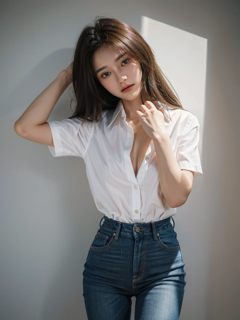 ((Highest quality, 8K, masterpiece :1.3)), Sharp focus :1.2, Beautiful woman with perfect figure :1.4, 1 Girl,Slim Abs :1.2, ((Dark brown hair,chest :1.2)), (White long formal shirt)(Unbutton your shirt.), Gray background:1.2, Highly detailed face and skin texture, fine grain, double eyelid,Beautiful Hands，Five Fingers,Fashion model posing,Full body portrait,Cowboy Shot,jeans,Cast a Shadow,