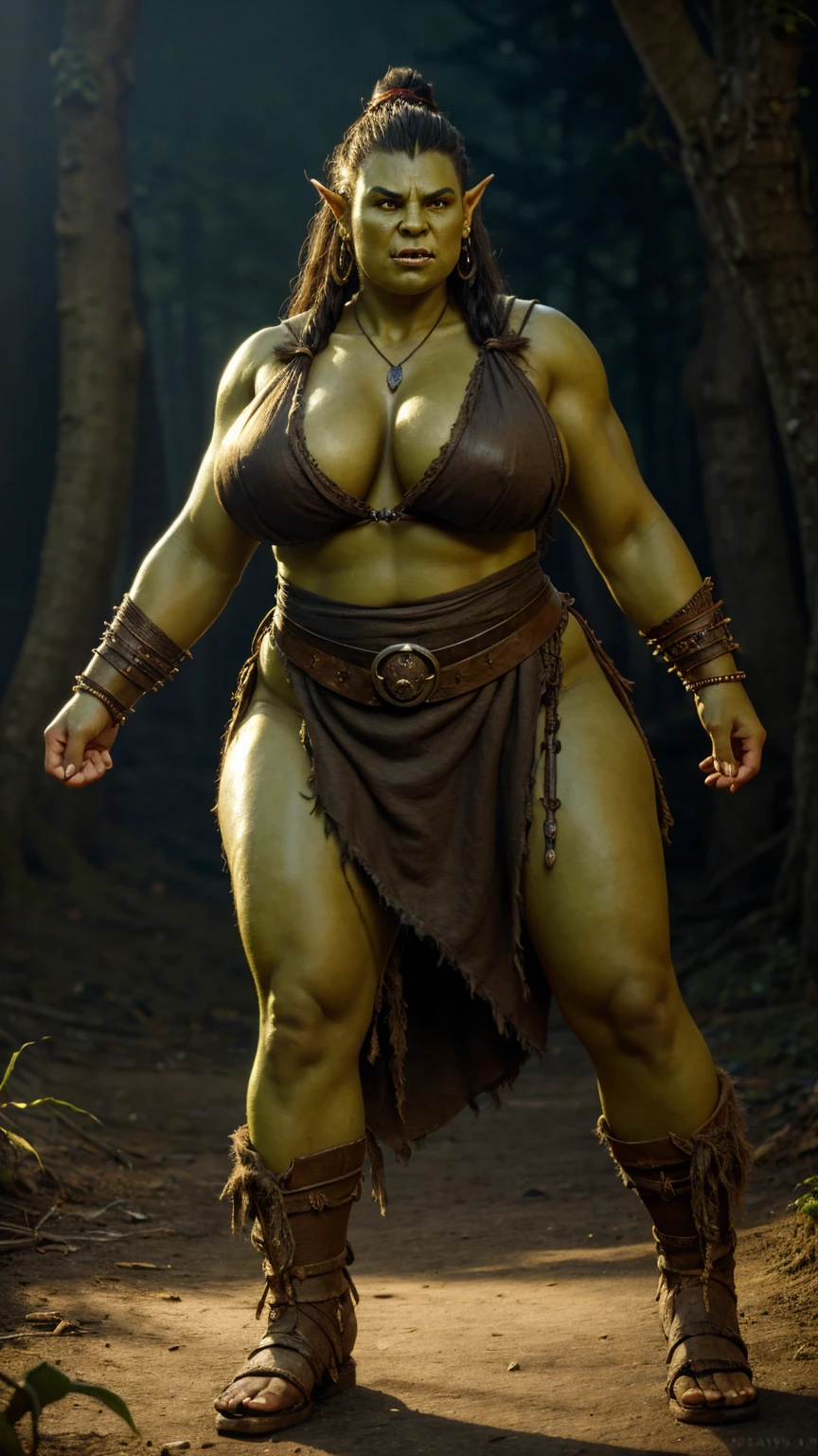 Young orc woman (big fangs), female orc, (green skin) , peaceful, dirty skin and hair, dirty fur and leather clothes, (wearing linen dress), big saggy breasts, big breasts, cleavage, skin imperfections, skin dentation, bone jewelry, forest background, natural lighting, tribal tattoos, muscular, big fat body, highly detailed, 4k, photorealistic, dramatic lighting, cinematic, fantasy art, ultra high quality, sharp Focus, orczor, interesting poses, chubby , full body shot