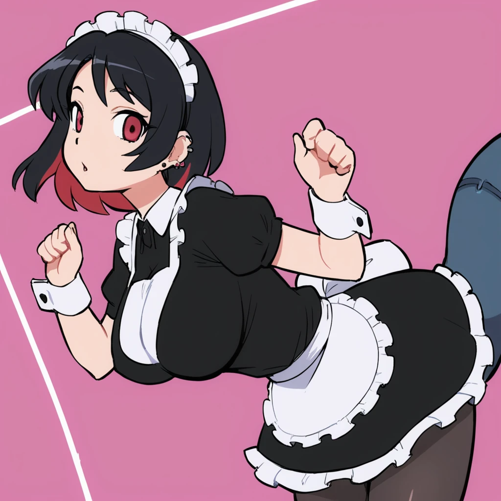 solo,1girl(big breast)(masterpiece, best quality:1.2),Ellen Jo，Zenless Zone Zero，alternate costume ,maid, shark tail, (shark girl:0.5), short hair，black hair，red eyes, tail, pantyhose,multicolored hair, black footwear, short sleeves, apron, wrist cuffs, maidheaddress, stockings, nyantchaellen joe, black hair, red hair，colored inner hair, multicolored hair, (red eyes:1.3), red hair, short hair, two-tone hair,apron, black pantyhose, black shirt, ear piercing,