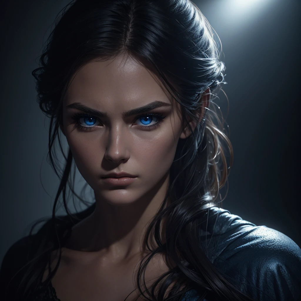 1 woman, striking facial features, deep expressive blue eyes, prominent cheekbones, strong eyebrows, dramatic lighting, chiaroscuro lighting, blurred background, ultra-realistic, 8k, realistic and artistic style, soft skin, intense and captivating mood