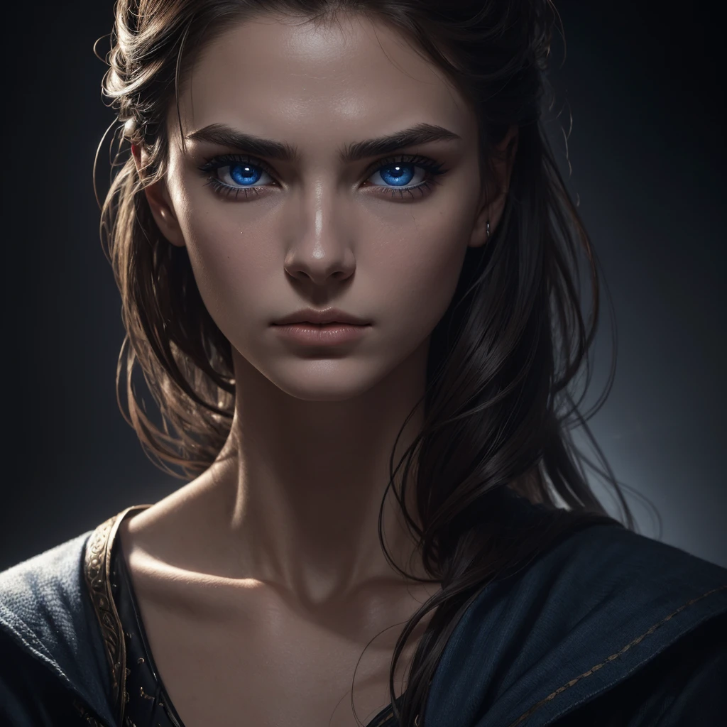 1 woman, striking facial features, deep expressive blue eyes, prominent cheekbones, strong eyebrows, dramatic lighting, chiaroscuro lighting, blurred background, ultra-realistic, 8k, realistic and artistic style, soft skin, intense and captivating mood
