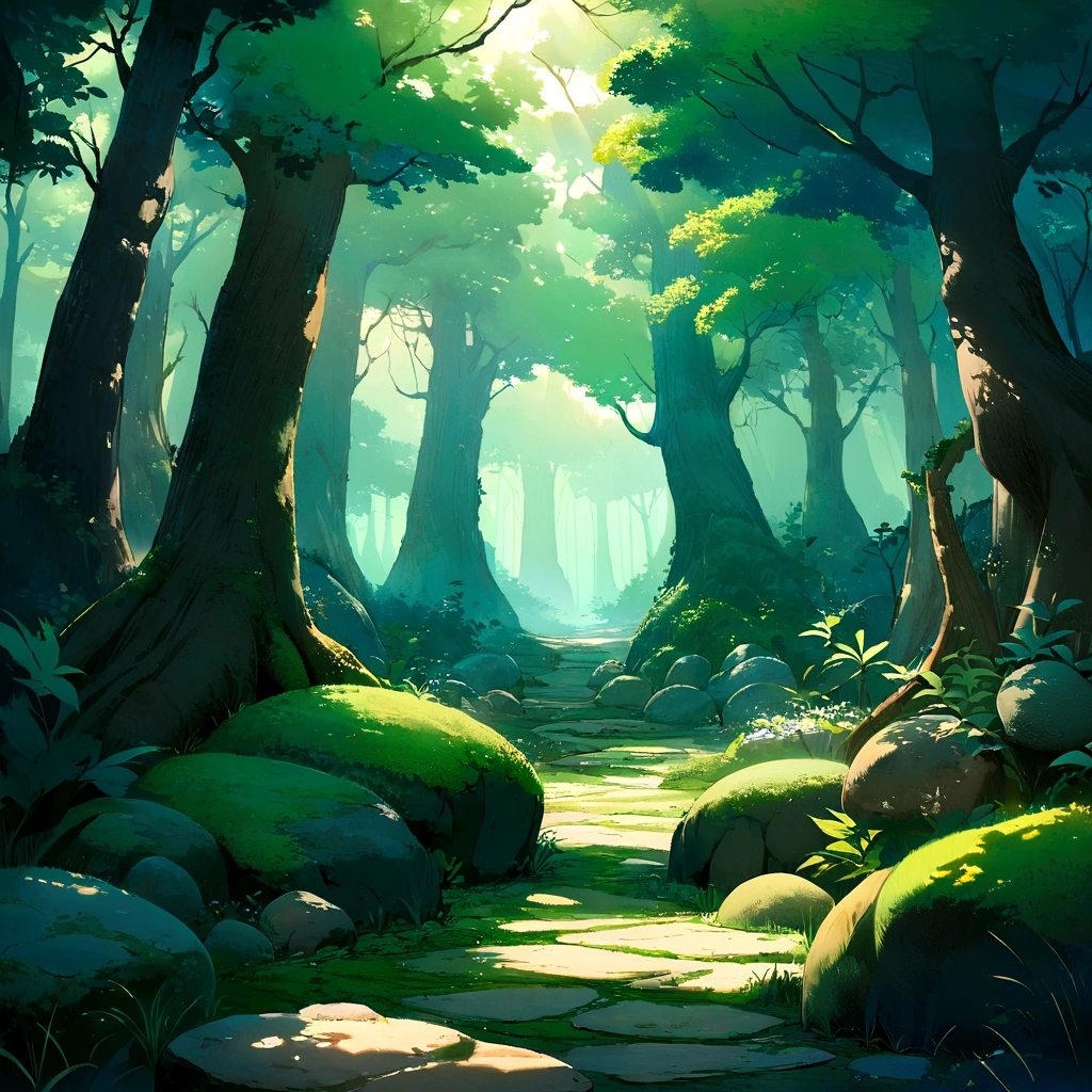 he quiet woodland landscape winding its way through fantastic, dense forests, the fantastic paths paved with moss-covered rocks, the paths lined with large boulders and small stones covered in bright green moss, all create a soft, rich texture. Tall trees with thick trunks and abundant foliage provide a green canopy, dazzling sunlight leaks through the leaves, the ground is littered with fallen leaves, the natural and unspoiled forest atmosphere is characteristic, the overall atmosphere is quiet and pleasant, capturing the beauty and peace of the hidden forest trails.hinkai Makoto style,, Scenery of Studio Ghibli, perfection, Highest quality, The best of art, 8K