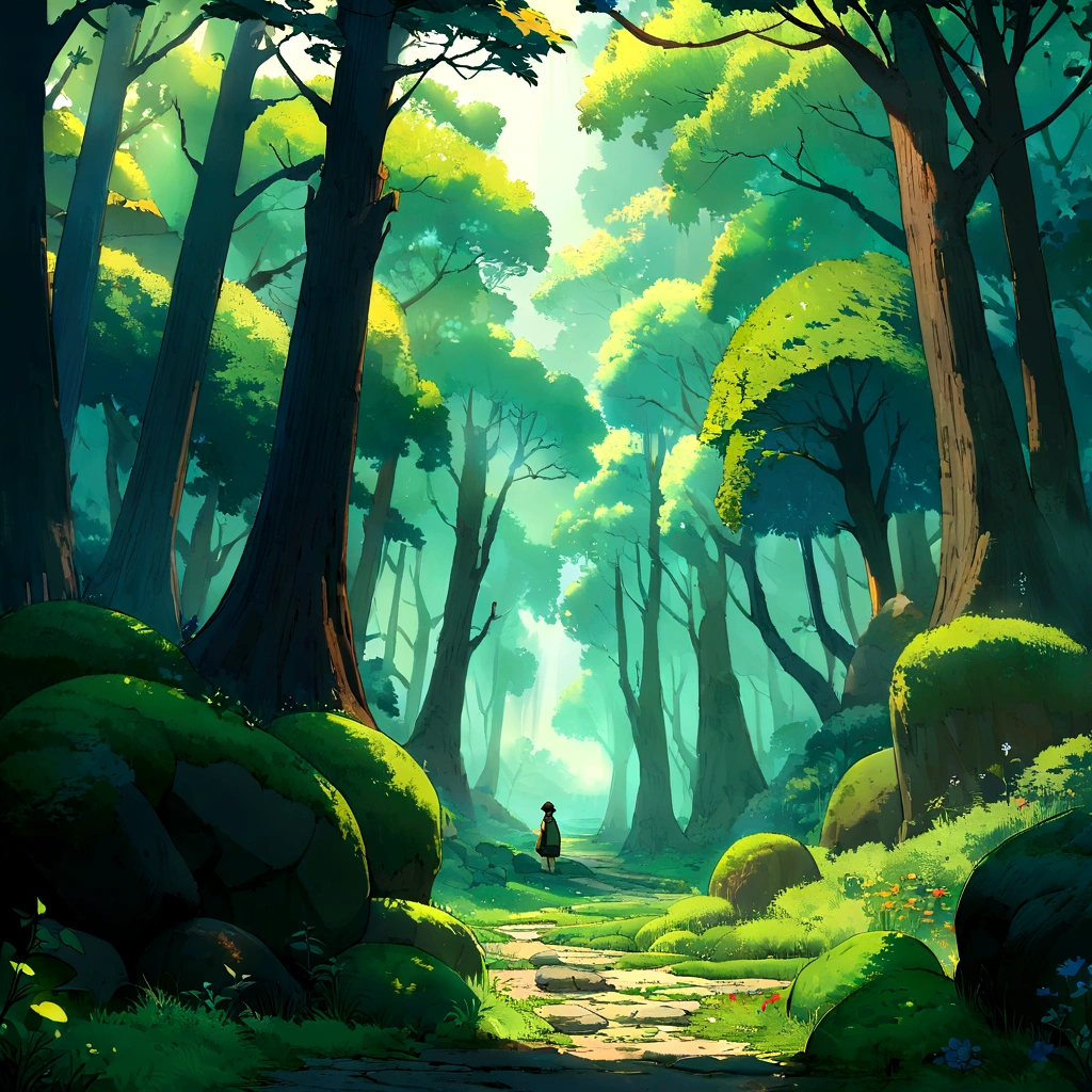 he quiet woodland landscape winding its way through fantastic, dense forests, the fantastic paths paved with moss-covered rocks, the paths lined with large boulders and small stones covered in bright green moss, all create a soft, rich texture. Tall trees with thick trunks and abundant foliage provide a green canopy, dazzling sunlight leaks through the leaves, the ground is littered with fallen leaves, the natural and unspoiled forest atmosphere is characteristic, the overall atmosphere is quiet and pleasant, capturing the beauty and peace of the hidden forest trails.hinkai Makoto style,, Scenery of Studio Ghibli, perfection, Highest quality, The best of art, 8K