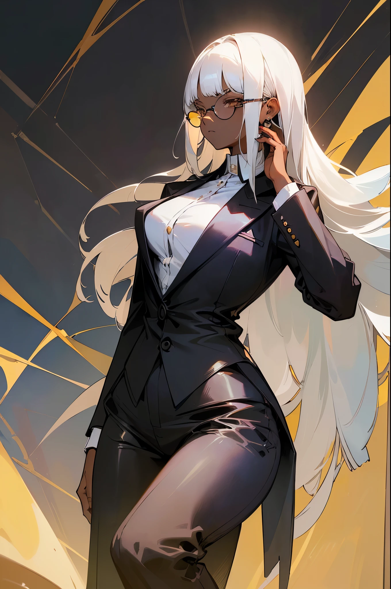 (top-quality、masterpiece:1.2) 1woman、Adult、((dark skinned female、long straight white hair, Blunt bangs, Hair hanging over the ears)) golden eyes、eye glasses、((Black Business Suit、Black tailored jacket、white shirt、Black pantsuit)) (office backdrop) (Serious look)