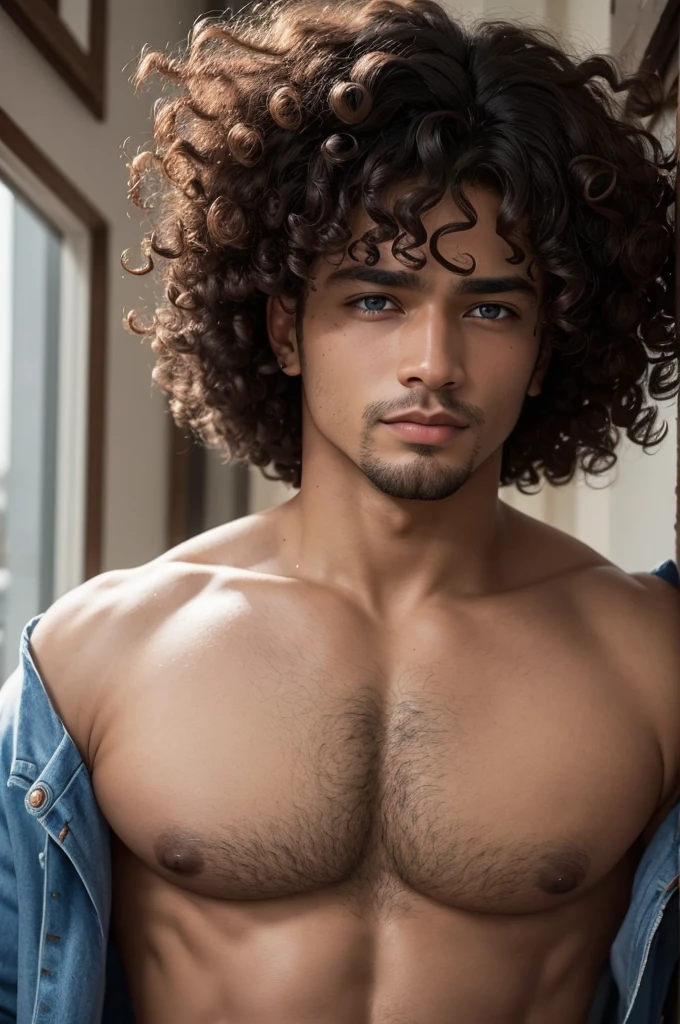 A strong man with brown skin, blue eyes and curly hair.,