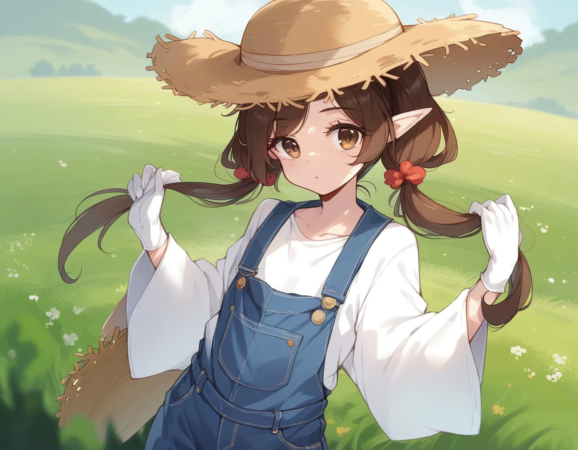 BREAK Perfect Anatomy、(High resolution:1.2)、Incredible illustrations、(Cute illustrations:1.2)、()
(cinematic angle,solo focus,) (Beautiful background(vegetable field),
1girl(brown hair,twin tails) a girl,elf 1.7meters, 45kg,flat chest,
(straw hat,towel around neck,denim overalls,,oversized long sleeve shirt,work gloves)
harvesting crops