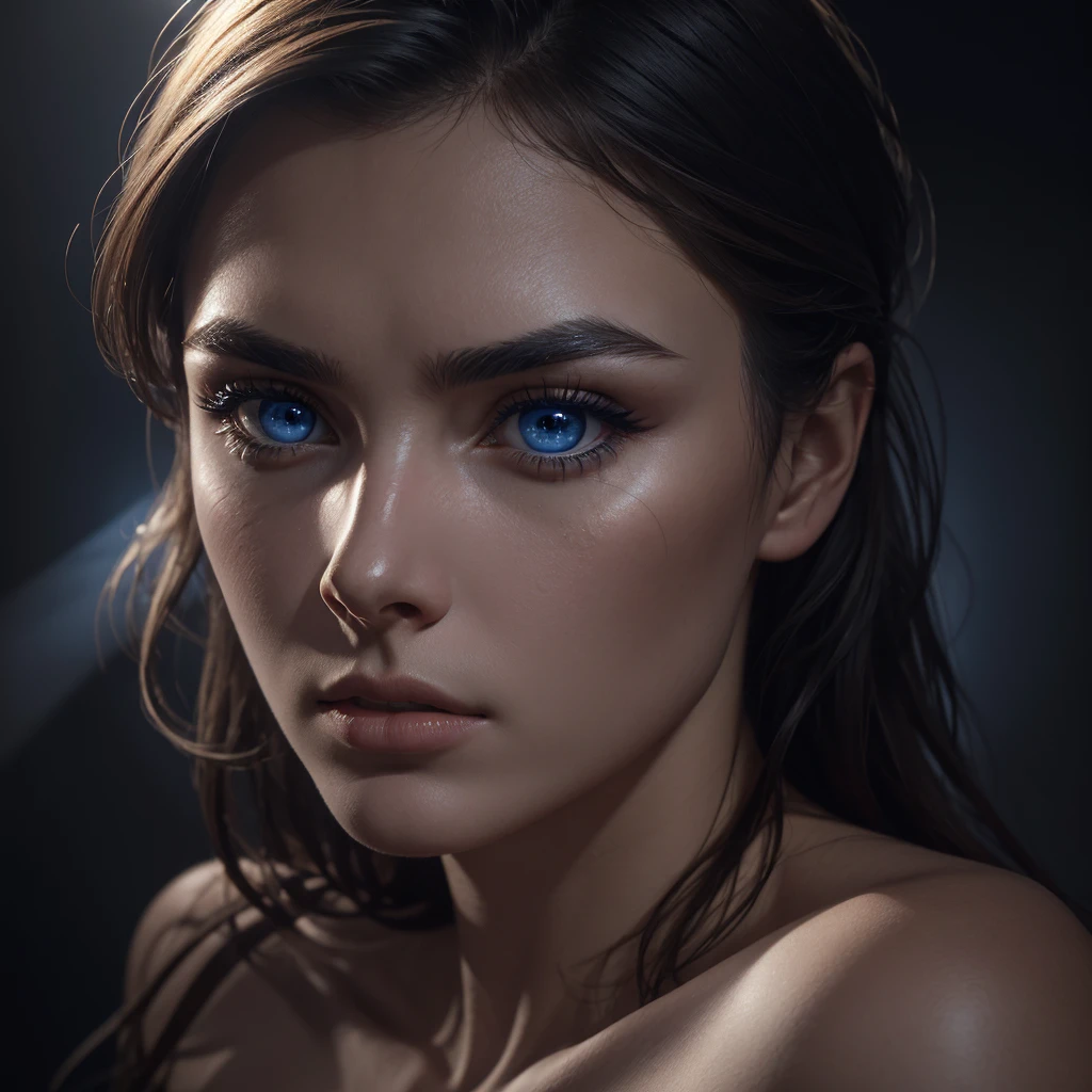 1 woman, striking facial features, deep expressive blue eyes, prominent cheekbones, strong eyebrows, dramatic lighting, chiaroscuro lighting, blurred background, ultra-realistic, 8k, realistic and artistic style, soft skin, intense and captivating mood
