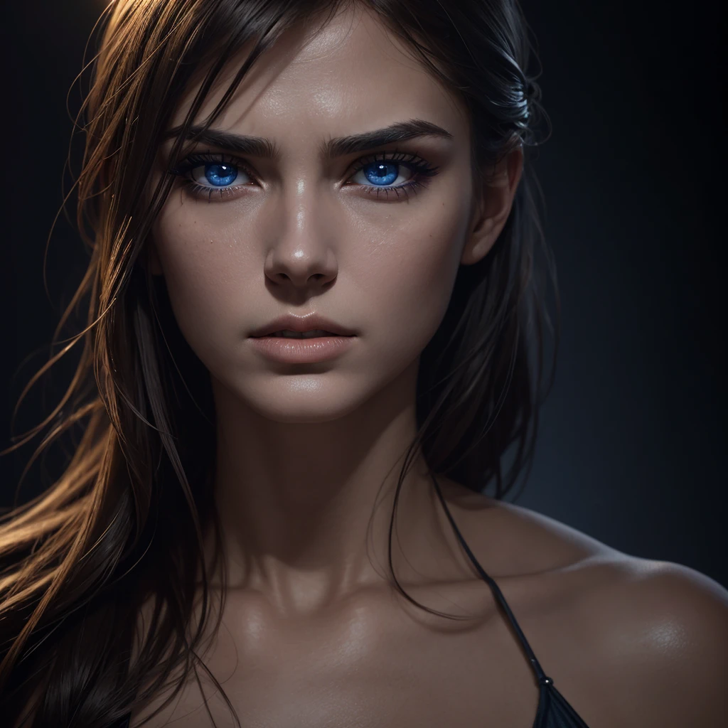 1 woman, striking facial features, deep expressive blue eyes, prominent cheekbones, strong eyebrows, dramatic lighting, chiaroscuro lighting, blurred background, ultra-realistic, 8k, realistic and artistic style, soft skin, intense and captivating mood