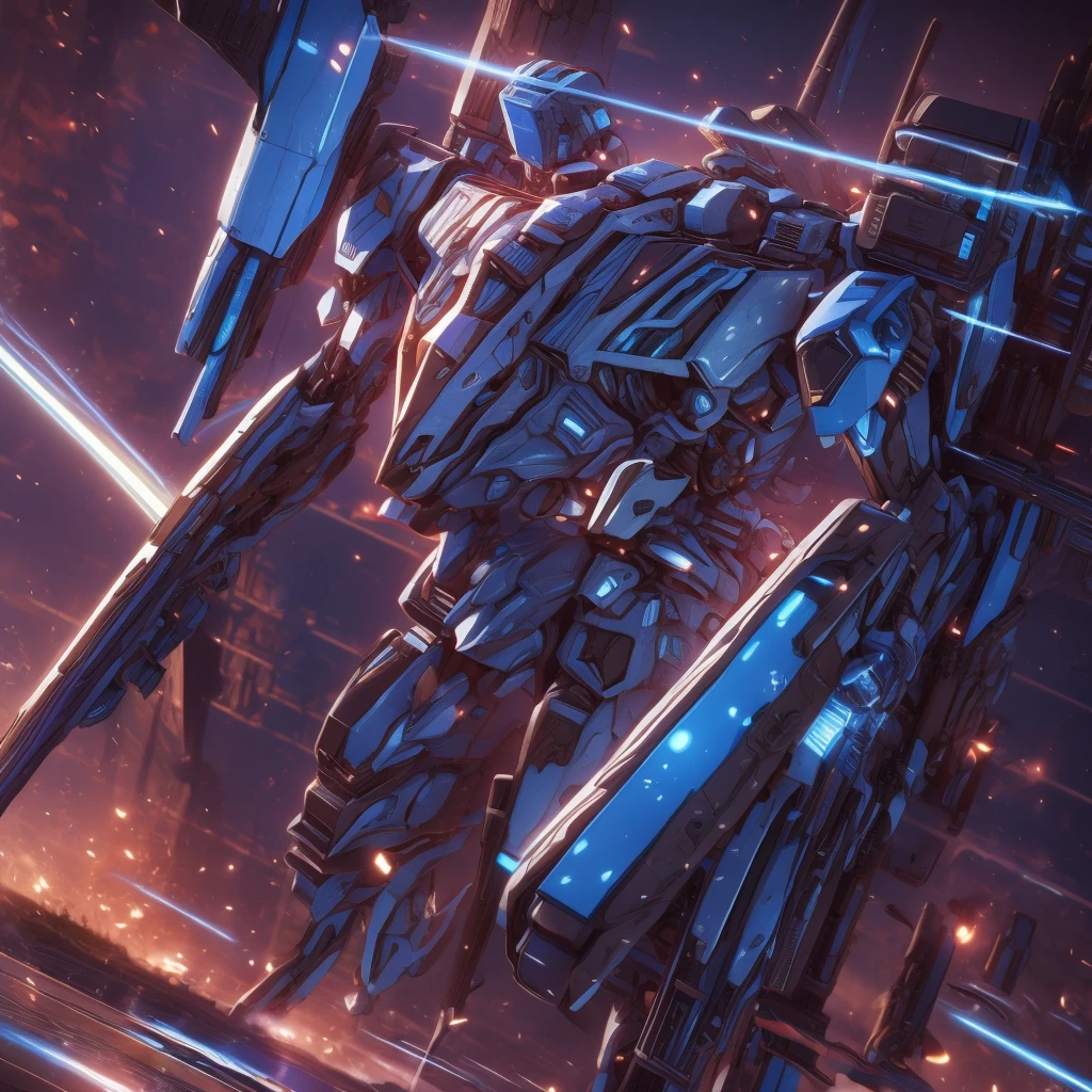Obra de arte, melhor qualidade:1.7)Mech branco e azul com detalhes dourados, médio, segurando uma sniper azul grande. Extremely detaild, 4K UHD, HDR, naturallight, cinematic lighting, masterpiece-anatomy-perfect, ultra HD, Space Combat, Battlefield, RAW photo, metallic, ultra-fine painting, perfect body proportions, anatomically correct, real texture material, Anti-Aliasing, TXAA, SSAO, Post Processing, Post Production, Tone Mapping, CGI, VFX, SFX, Hyper maximalist, ultra photorealultra-detailed intricate details.