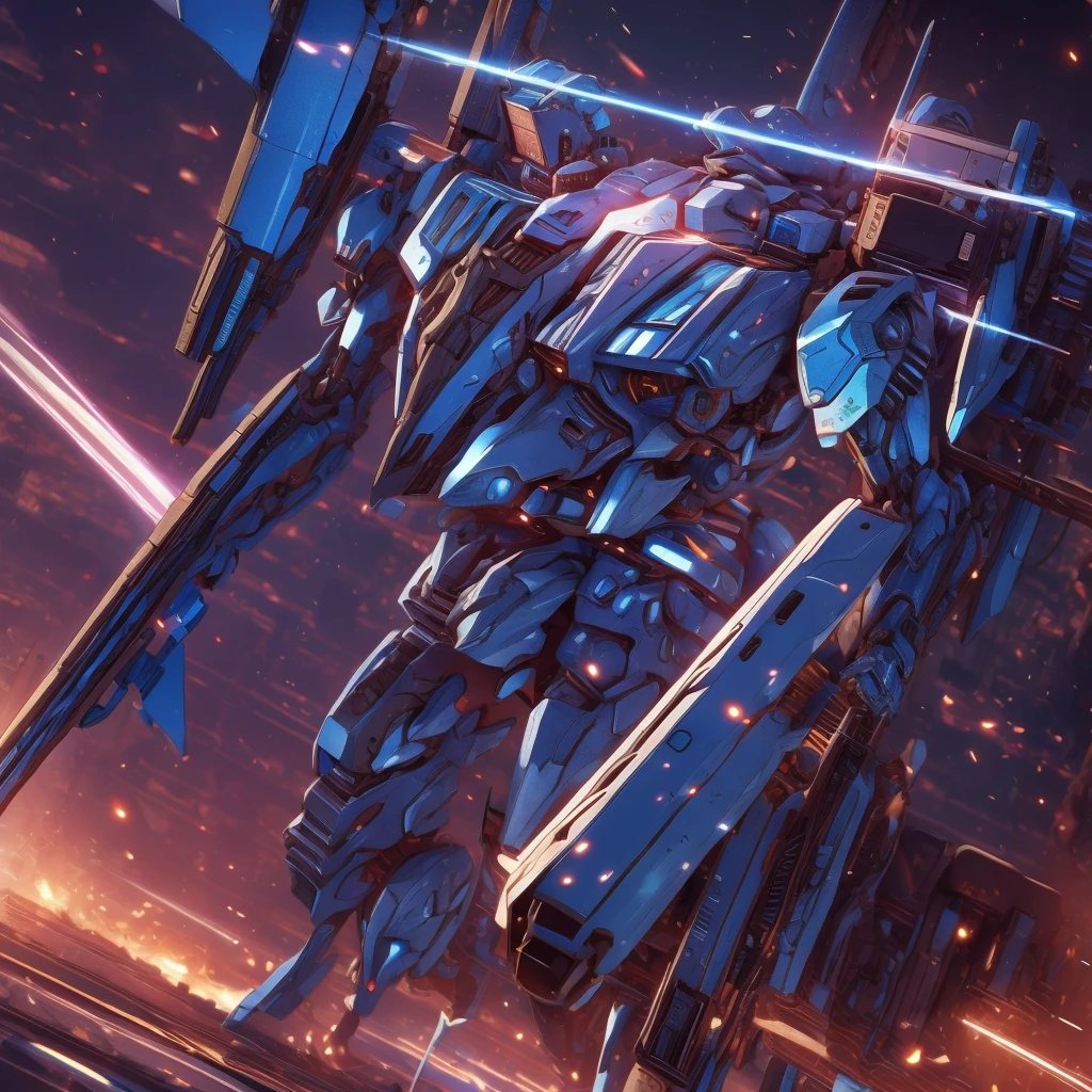 Obra de arte, melhor qualidade:1.7)Mech branco e azul com detalhes dourados, médio, segurando uma sniper azul grande. Extremely detaild, 4K UHD, HDR, naturallight, cinematic lighting, masterpiece-anatomy-perfect, ultra HD, Space Combat, Battlefield, RAW photo, metallic, ultra-fine painting, perfect body proportions, anatomically correct, real texture material, Anti-Aliasing, TXAA, SSAO, Post Processing, Post Production, Tone Mapping, CGI, VFX, SFX, Hyper maximalist, ultra photorealultra-detailed intricate details.