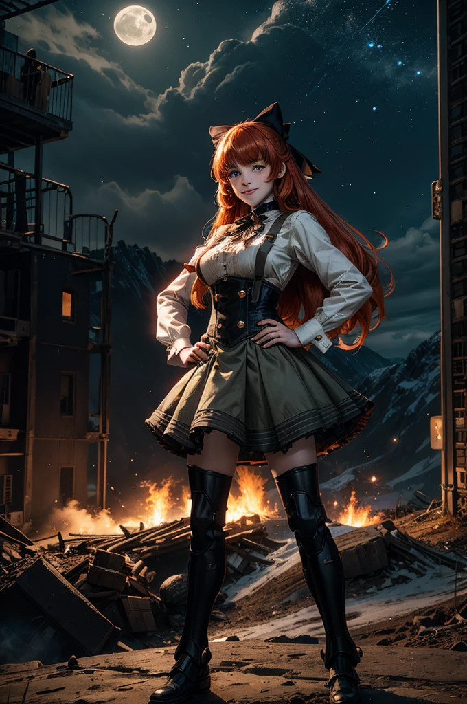night, moon, stars, cowboy shot, (dynamic pose), smile, underbust, Penny Polendina, long red hair, neck ribbon, suspender skirt, corset, black bow, white blouse, mechanical legs, neon trim, hand on hip, (standing in city ruins), in valley, BREAK mountains in background, waterfall, crowd, (crowd in military uniform), post-apocalypse, dystopian future, bonfires (volumetric lighting), intricate details, tonemapping, sharp focus, hyper detailed