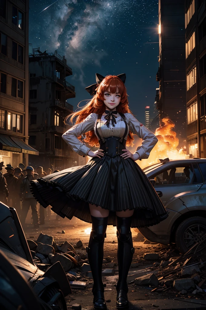 night, moon, stars, cowboy shot, (dynamic pose), smile,  underbust, Penny Polendina, long red hair, neck ribbon, suspender skirt, corset, black bow, white blouse, mechanical legs, neon trim, hand on hip, (standing in city ruins), in valley, BREAK mountains in background, waterfall, crowd, (crowd in military uniform), post-apocalypse, dystopian future, bonfires (volumetric lighting), intricate details, tonemapping, sharp focus, hyper detailed

