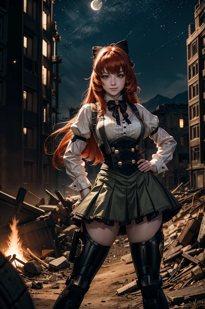 night, moon, stars, cowboy shot, (dynamic pose), smile,  underbust, Penny Polendina, long red hair, neck ribbon, suspender skirt, corset, black bow, white blouse, mechanical legs, neon trim, hand on hip, (standing in city ruins), in valley, BREAK mountains in background, waterfall, crowd, (crowd in military uniform), post-apocalypse, dystopian future, bonfires (volumetric lighting), intricate details, tonemapping, sharp focus, hyper detailed

