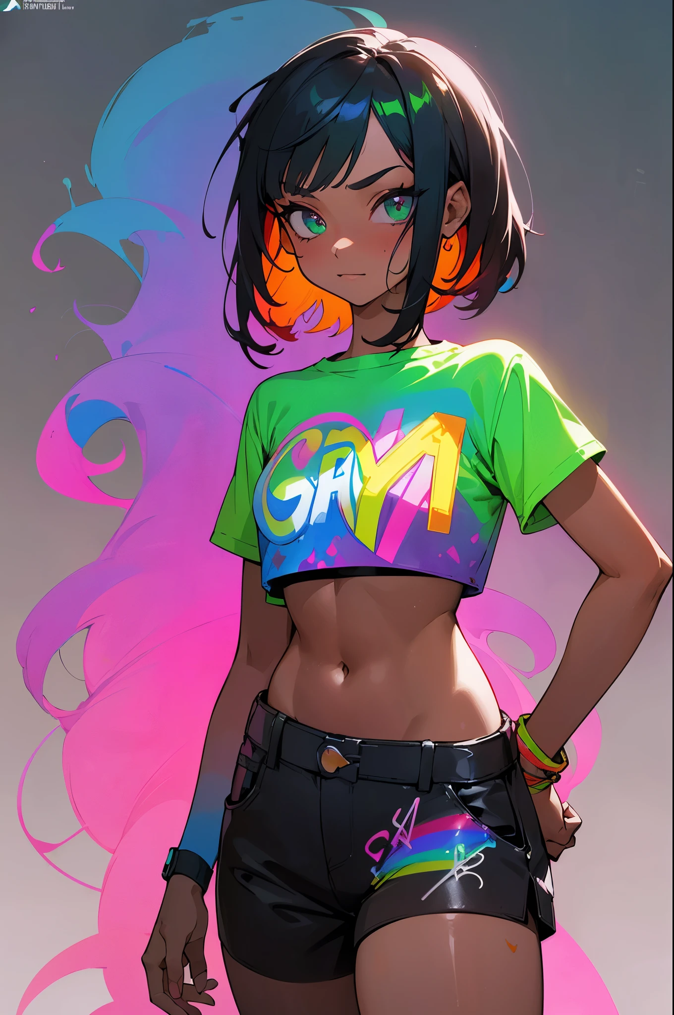 (rainbow color background:1.45),(a girl,solo,cowboy shot,dark rainbow color skin,rainbow color body painting,crop top Casual strap T-shirt:1.45),(1/2 official art,2/3 graffiti art,street style fashion,P/3 Stamping Art Signature,English logo,English text,silhouette:1.35),Spray painting art,color inks,splash inks,Some rusty Retrofuturism,cowboy shot,multicolored outline,iridescent,Rainbow Gradient,colorful, Color paint graffiti,
