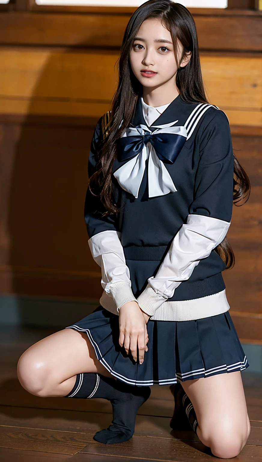 ((highest quality、8k、masterpiece:1.3)),((((fullbody shot)))),Ultra-high resolution,big eyes,Japanese,bangs,(a girl),(1 girl),((20 years old)),((facing at viewer)),(long hair),(((black sailor uniform))),grin,((squatting)),(pleated mini skirt),(((pussy))),((pubic hair)),((skirt lift)),(((short crew socks)))