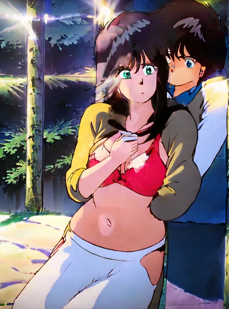 ung male, Red face, Black Hair,Shedding bangs to the right, Young man behind the girl, Touching the chest, Rubbing breasts from behind, grab, grabbing chest,chestgrab behind back, Remove your bra, Gripping the bra, Embrace, Embrace, Kiss on the neck, One Girl, Black Hair, Waterfall knitting, Red ribbon, Long Hair, Green Eyes, blue star necklace, Light Cardigan Pink, Open shirt, yellow shirt open shift, belly button, White bra, White pants, cute, Open your mouth, whole body, Long sleeve, Cowboy Shot, masterpiece, On a date, Blushing, Bedroom, night, Sit on the bed