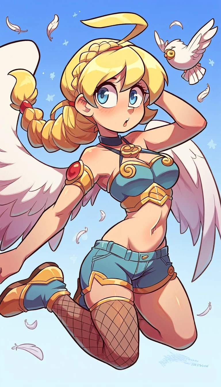 A tall goddess woman beautiful sexy sensual beautiful beautiful tenderness affectionate pretty smiles kindly long yellow hair wavy to the side one Mencho short yellow braid her light blue eye another orange eye she wears a shiny gold bra showing her navel and a pair of gold armor shorts showing her leg black net socks and has angel wings on his back blue sky background flying golden feather