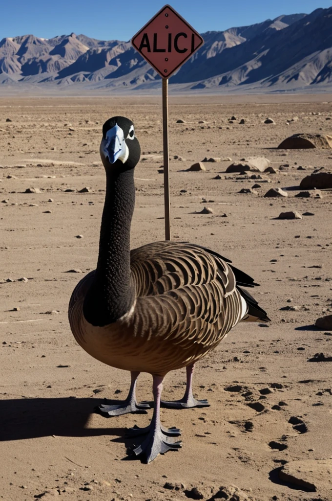 A funny but epic goose on an alien planet that has a sign that says EPIC