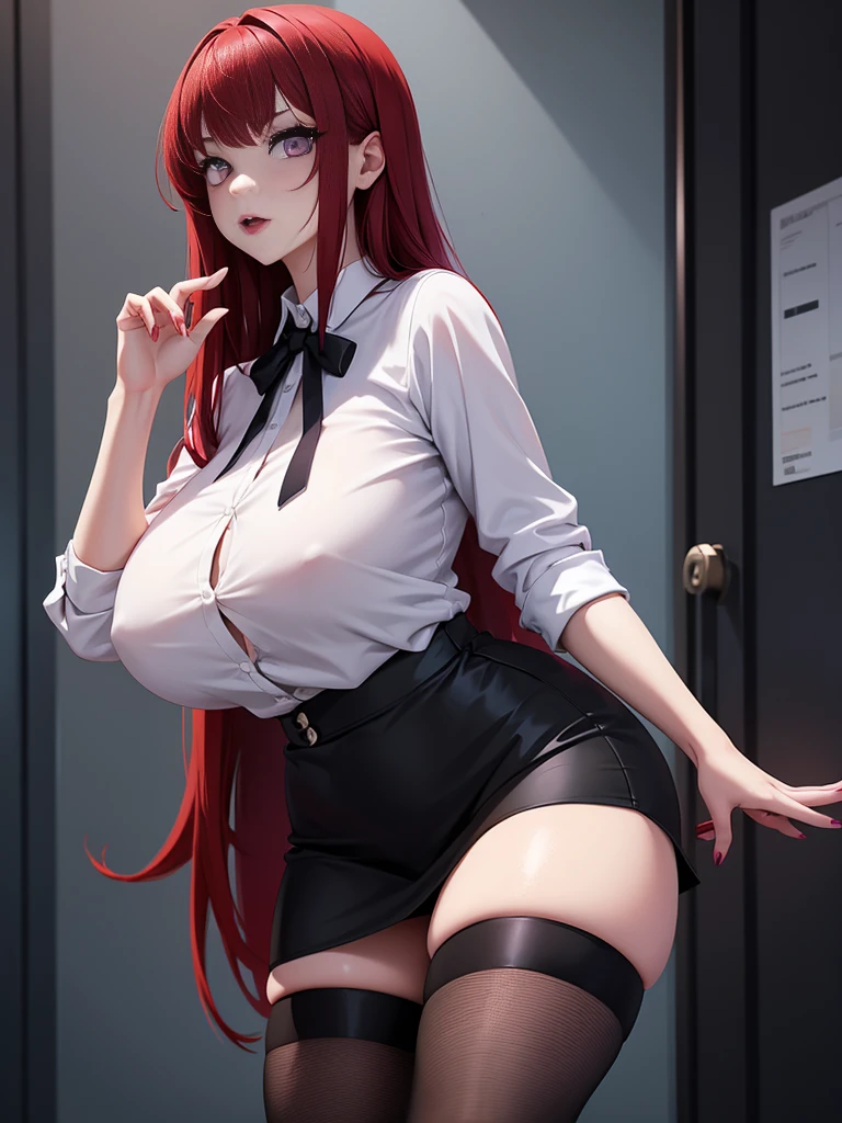 girl, With , with shirt, black skirt, long red hair, purple eyes, black lip, gothic, 