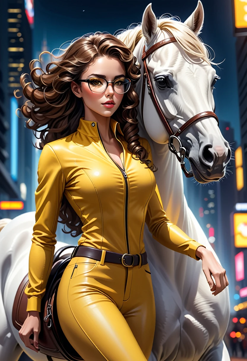 You will act as a digital artist specializing in realistic illustrations. Please create an image of a beautiful woman with dark brown curly hair, wearing dark sports glasses, dressed in leggings and a yellow blouse. She must be mounted on her majestic white horse, assuming a high-quality photographic pose that displays a modern and confident equestrian aura. The image must be an 8K masterpiece.
The scene must be set in a beautiful futuristic city, with modern skyscrapers, flying vehicles and neon lights shining in the background. The lighting should highlight both the woman and the horse, creating a play of light and shadows that accentuate the details of the horse's clothing, hair and muscles. The composition must convey a feeling of technological advancement and elegance, with a touch of dynamism and modernity.