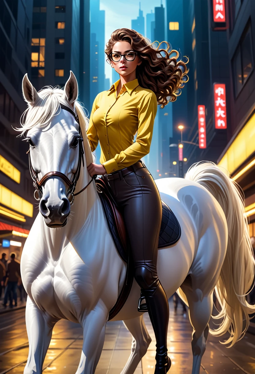 You will act as a digital artist specializing in realistic illustrations. Please create an image of a beautiful woman with dark brown curly hair, wearing dark sports glasses, dressed in leggings and a yellow blouse. She must be mounted on her majestic white horse, assuming a high-quality photographic pose that displays a modern and confident equestrian aura. The image must be an 8K masterpiece.
The scene must be set in a beautiful futuristic city, with modern skyscrapers, flying vehicles and neon lights shining in the background. The lighting should highlight both the woman and the horse, creating a play of light and shadows that accentuate the details of the horse's clothing, hair and muscles. The composition must convey a feeling of technological advancement and elegance, with a touch of dynamism and modernity.