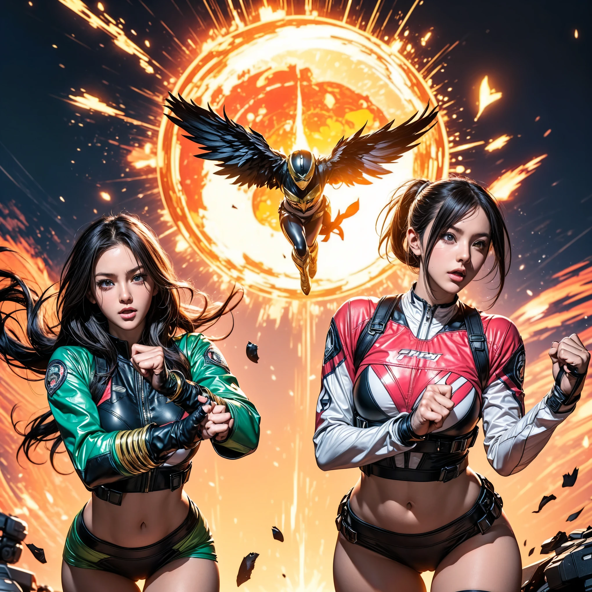 Arm, fist,hand, fingers ,A brave and courageous image of a 6 member ranger team, Each one is decorated in vibrant colors such as:: Neon Pink, Sunset Orange, Fire engine red, plasma violet, Fluorescent Green, shocking yellow. Dynamic poses in a background that exudes energy and courage, Embodying the essence of the classic Sentai superhero team. Each Ranger:: The attire is sophisticated and modern, Each color has elements that reflect its theme., Ready for action. ((Camel Toe))