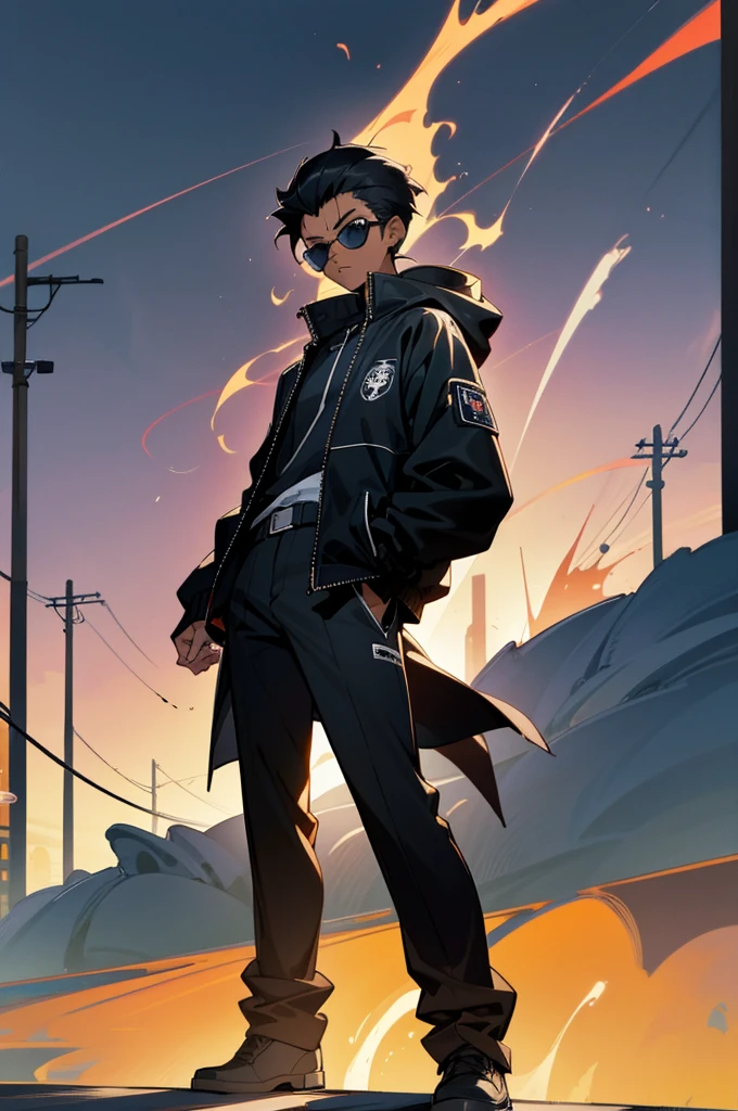 Dark skinned guy in a black jacket and sunglasses standing in a city street, undercut hairstyle, black hair, eye scar, badass anime 8 k, 4k anime wallpaper, anime style 4 k, anime art wallpaper 8 k, anime wallpaper 4k, anime wallpaper 4 k, 4 k manga wallpaper, best anime 4k konachan wallpaper, anime art wallpaper 4 k, anime art wallpaper 4k
