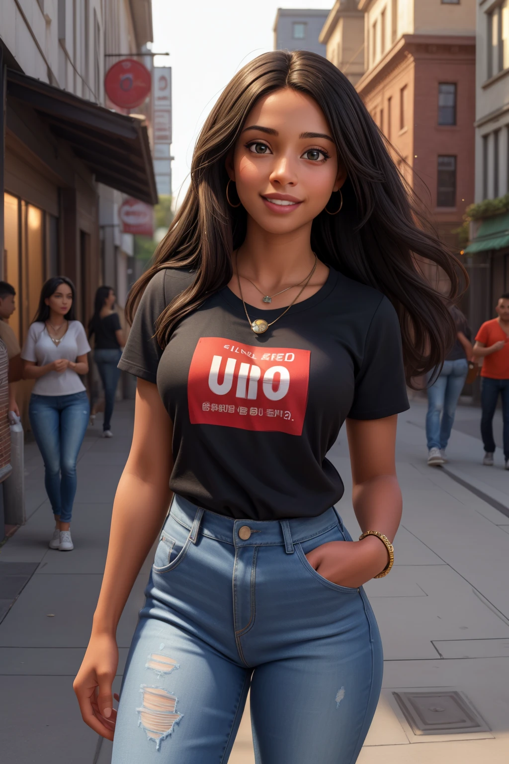 1girl, light brown skin, long black hair, friendly smile, red Supreme t-shirt, necklace with pendant, blue jeans, dark blue sneakers, urban environment, blurry street scene, people, green fence, natural lighting, daytime, photorealistic, highly detailed, extremely detailed face and eyes, detailed facial features, detailed clothing, (best quality,4k,8k,highres,masterpiece:1.2),ultra-detailed,(realistic,photorealistic,photo-realistic:1.37),HDR,UHD,studio lighting,ultra-fine painting,sharp focus,physically-based rendering,extreme detail description,professional,vivid colors,bokeh