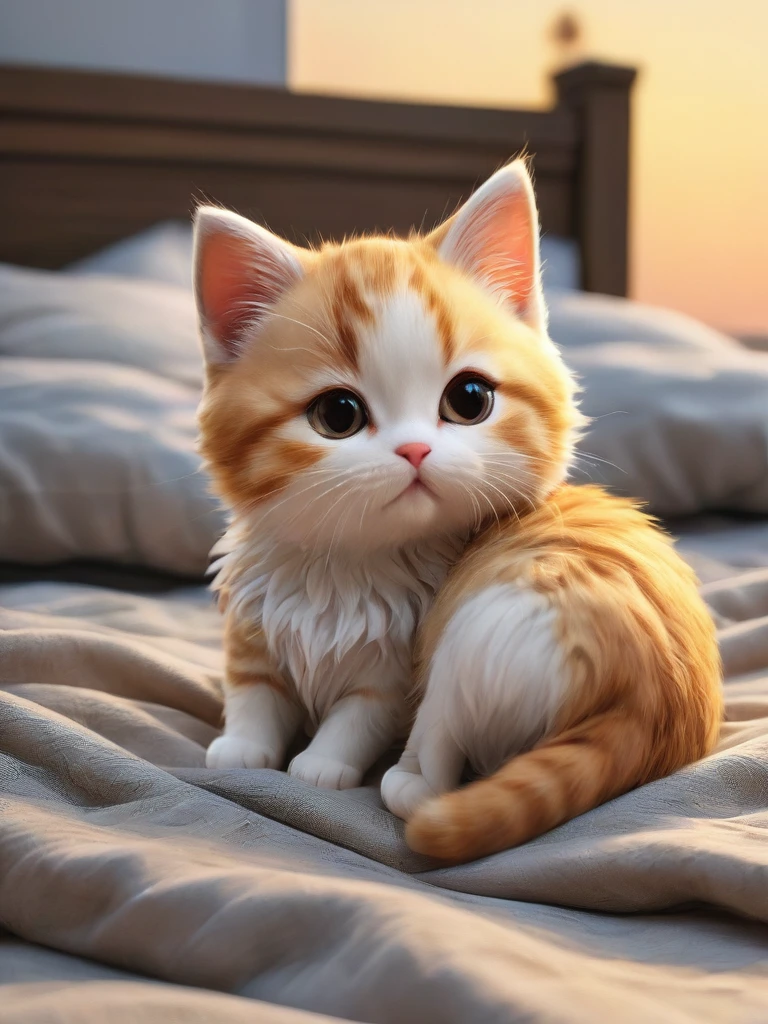 With the sunset in the background,(masterpiece:1.2, high quality), Several kittens sleeping together in bed、