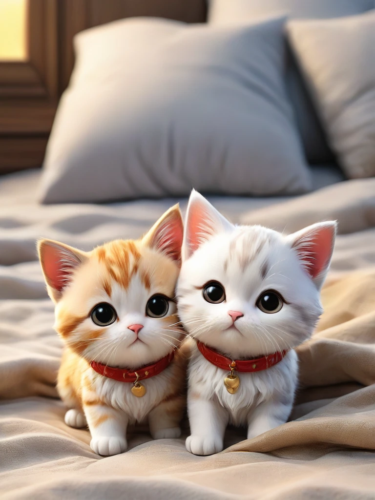 With the sunset in the background,(masterpiece:1.2, high quality), Several kittens sleeping together in bed、