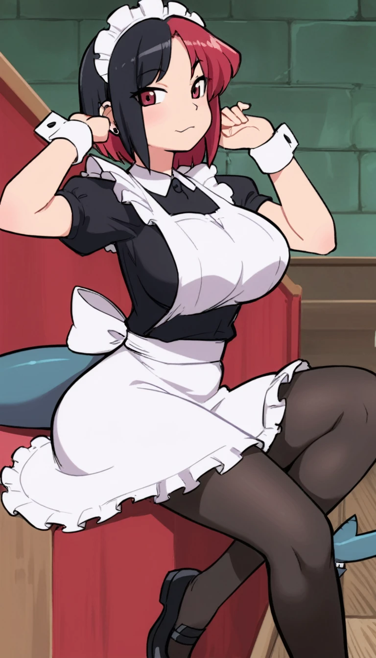 olo,1girl(big breast)(masterpiece, best quality:1.2),Ellen Jo，Zenless Zone Zero，alternate costume ,maid, shark tail, (shark girl:0.5), short hair，black hair，red eyes, tail, pantyhose,multicolored hair, black footwear, short sleeves, apron, wrist cuffs, maidheaddress, stockings, nyantchaellen joe, black hair, red hair，colored inner hair, multicolored hair, (red eyes:1.3), red hair, short hair, two-tone hair,apron, black pantyhose, black shirt, ear piercing,