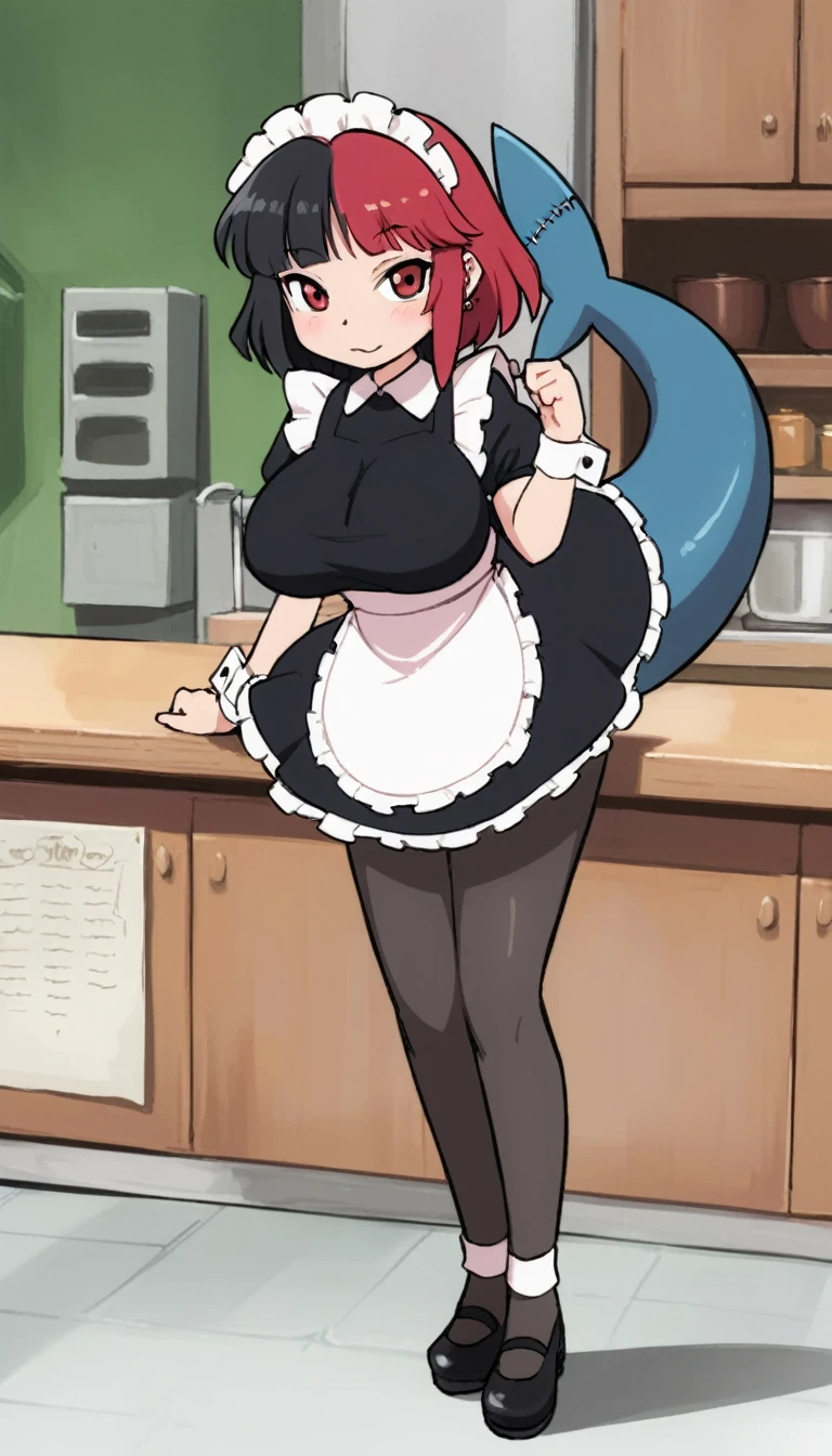 olo,1girl(big breast)(masterpiece, best quality:1.2),Ellen Jo,Zenless Zone Zero,alternate costume ,maid, shark tail, (shark girl:0.5), short hair,black hair,red eyes, tail, pantyhose,multicolored hair, black footwear, short sleeves, apron, wrist cuffs, maidheaddress, stockings, nyantchaellen joe, black hair, red hair,colored inner hair, multicolored hair, (red eyes:1.3), red hair, short hair, two-tone hair,apron, black pantyhose, black shirt, ear piercing,
