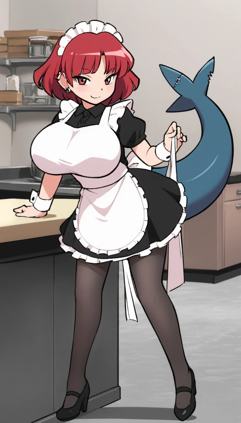 olo,1girl(big breast)(masterpiece, best quality:1.2),Ellen Jo，Zenless Zone Zero，alternate costume ,maid, shark tail, (shark girl:0.5), short hair，black hair，red eyes, tail, pantyhose,multicolored hair, black footwear, short sleeves, apron, wrist cuffs, maidheaddress, stockings, nyantchaellen joe, black hair, red hair，colored inner hair, multicolored hair, (red eyes:1.3), red hair, short hair, two-tone hair,apron, black pantyhose, black shirt, ear piercing,