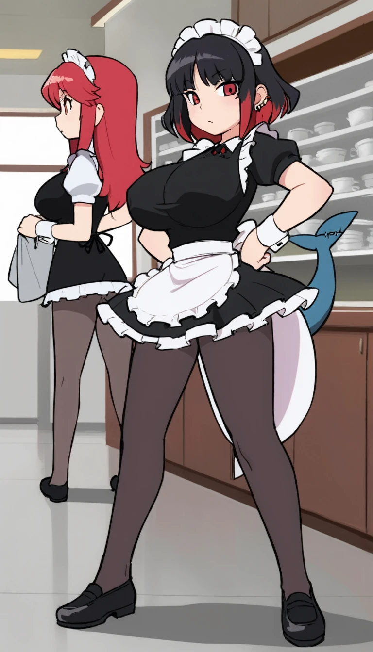 olo,1girl(big breast)(masterpiece, best quality:1.2),Ellen Jo,Zenless Zone Zero,alternate costume ,maid, shark tail, (shark girl:0.5), short hair,black hair,red eyes, tail, pantyhose,multicolored hair, black footwear, short sleeves, apron, wrist cuffs, maidheaddress, stockings, nyantchaellen joe, black hair, red hair,colored inner hair, multicolored hair, (red eyes:1.3), red hair, short hair, two-tone hair,apron, black pantyhose, black shirt, ear piercing,
