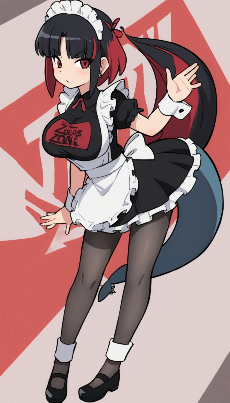 olo,1girl(big breast)(masterpiece, best quality:1.2),Ellen Jo，Zenless Zone Zero，alternate costume ,maid, shark tail, (shark girl:0.5), short hair，black hair，red eyes, tail, pantyhose,multicolored hair, black footwear, short sleeves, apron, wrist cuffs, maidheaddress, stockings, nyantchaellen joe, black hair, red hair，colored inner hair, multicolored hair, (red eyes:1.3), red hair, short hair, two-tone hair,apron, black pantyhose, black shirt, ear piercing,