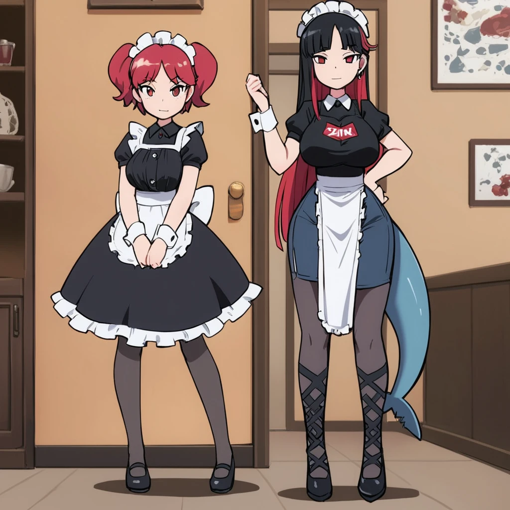 olo,1girl(big breast)(masterpiece, best quality:1.2),Ellen Jo，Zenless Zone Zero，alternate costume ,maid, shark tail, (shark girl:0.5), short hair，black hair，red eyes, tail, pantyhose,multicolored hair, black footwear, short sleeves, apron, wrist cuffs, maidheaddress, stockings, nyantchaellen joe, black hair, red hair，colored inner hair, multicolored hair, (red eyes:1.3), red hair, short hair, two-tone hair,apron, black pantyhose, black shirt, ear piercing, 