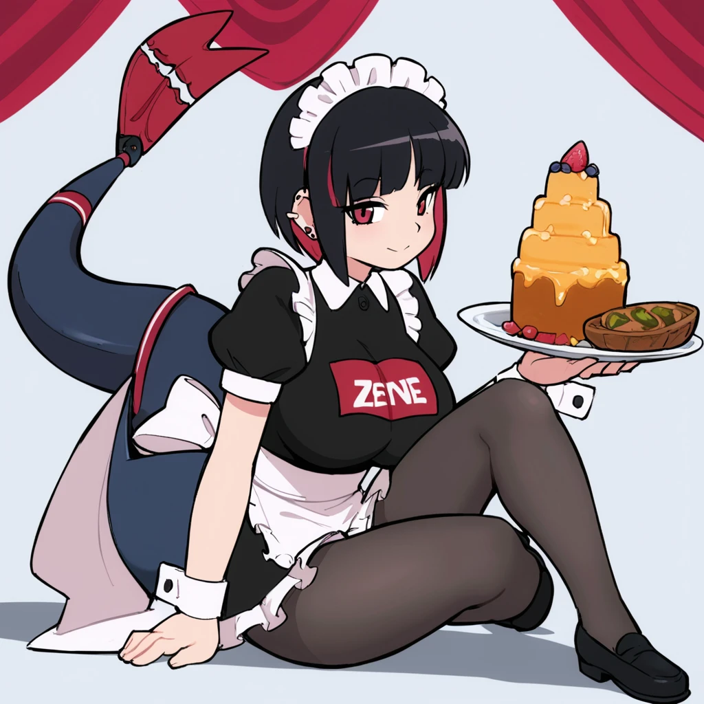 olo,1girl(big breast)(masterpiece, best quality:1.2),Ellen Jo，Zenless Zone Zero，alternate costume ,maid, shark tail, (shark girl:0.5), short hair，black hair，red eyes, tail, pantyhose,multicolored hair, black footwear, short sleeves, apron, wrist cuffs, maidheaddress, stockings, nyantchaellen joe, black hair, red hair，colored inner hair, multicolored hair, (red eyes:1.3), red hair, short hair, two-tone hair,apron, black pantyhose, black shirt, ear piercing, 