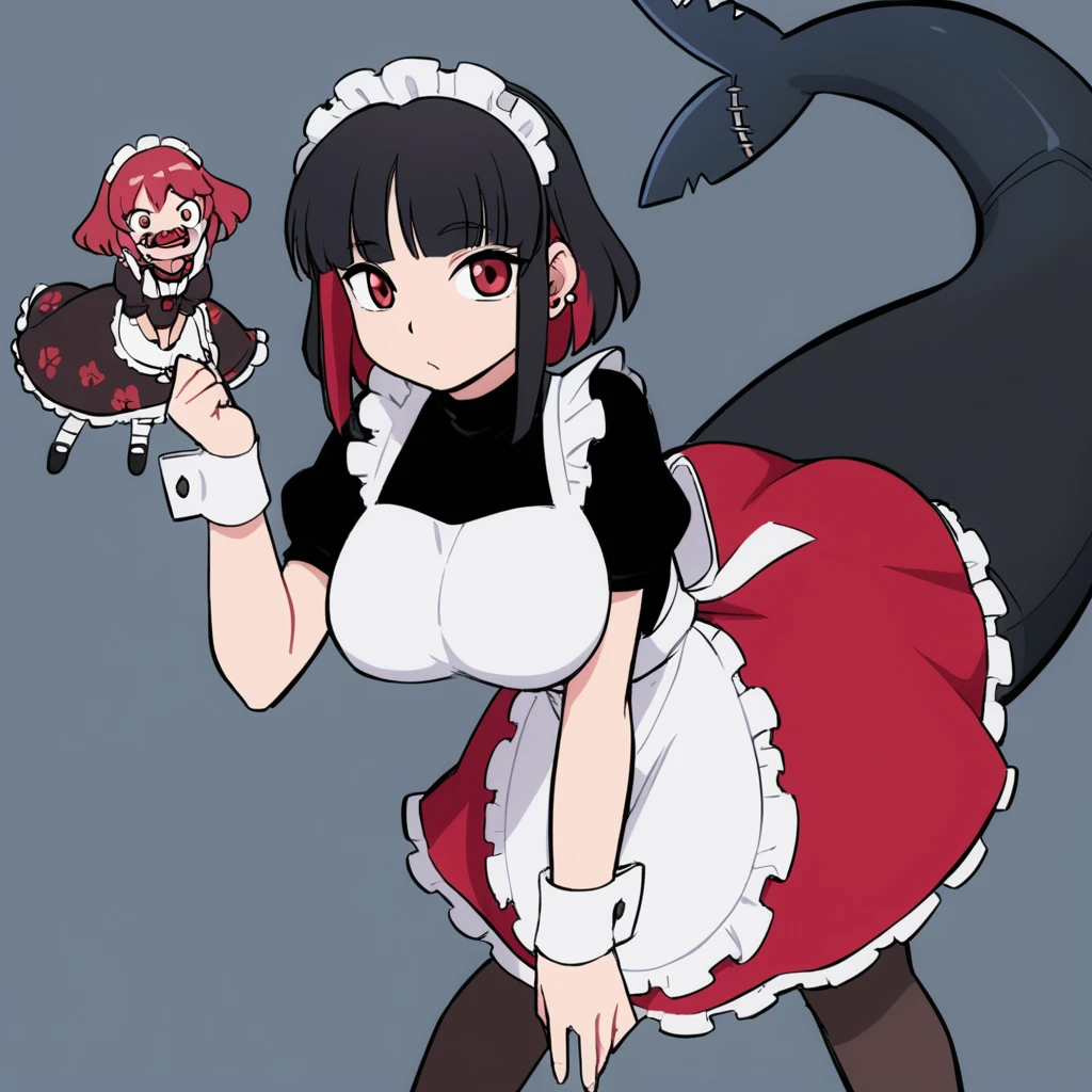 olo,1girl(big breast)(masterpiece, best quality:1.2),Ellen Jo，Zenless Zone Zero，alternate costume ,maid, shark tail, (shark girl:0.5), short hair，black hair，red eyes, tail, pantyhose,multicolored hair, black footwear, short sleeves, apron, wrist cuffs, maidheaddress, stockings, nyantchaellen joe, black hair, red hair，colored inner hair, multicolored hair, (red eyes:1.3), red hair, short hair, two-tone hair,apron, black pantyhose, black shirt, ear piercing, 