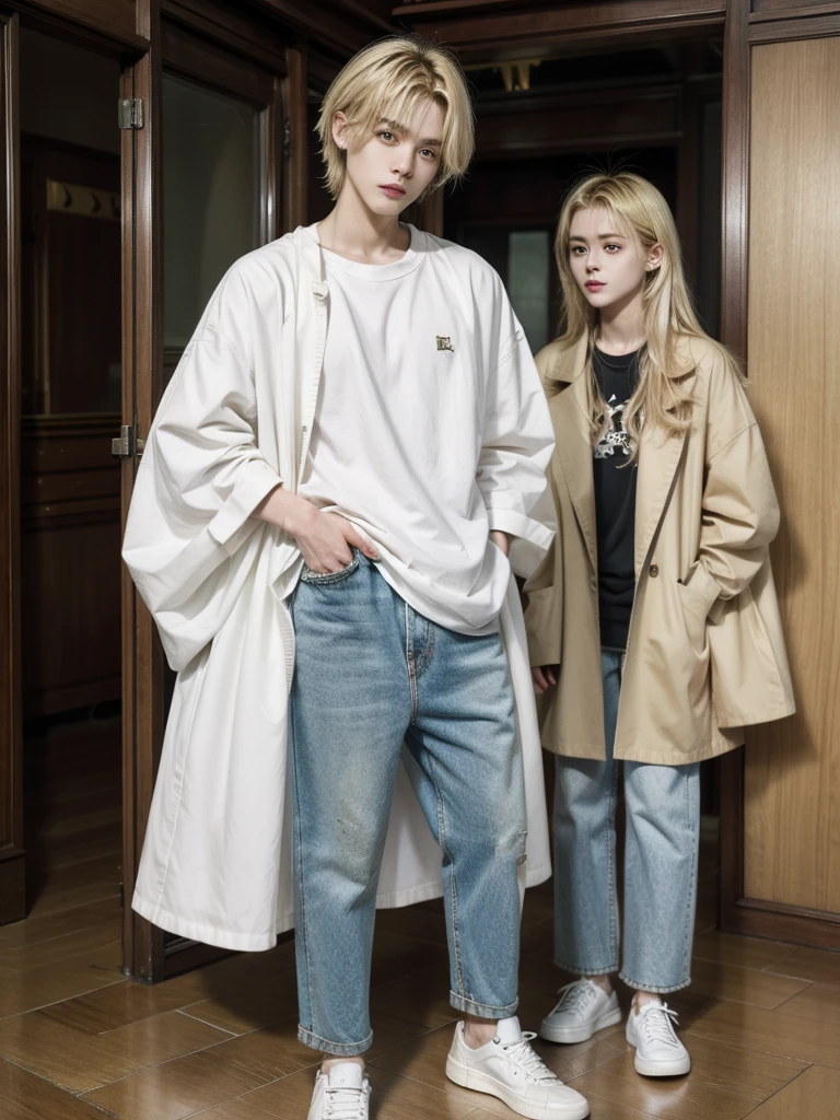 8k, Masterpiece, high quality, Young guy, good proportions, maravellous, androgynous prince, ulzzang, blonde hair, cabello rubio, blonde hair, asian, asian boy, casual oufit