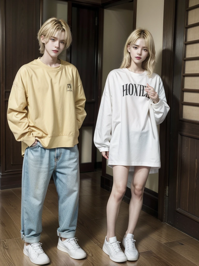 8k, Masterpiece, high quality, Young guy, good proportions, maravellous, androgynous prince, ulzzang, blonde hair, cabello rubio, blonde hair, asian, asian boy, casual oufit