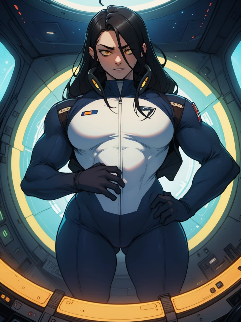 massive hair huge tits giant muscles expressionless sad girl black hair long hair yellow eyes pale skin extremely thick ((alien suit inside spaceship cockpit))