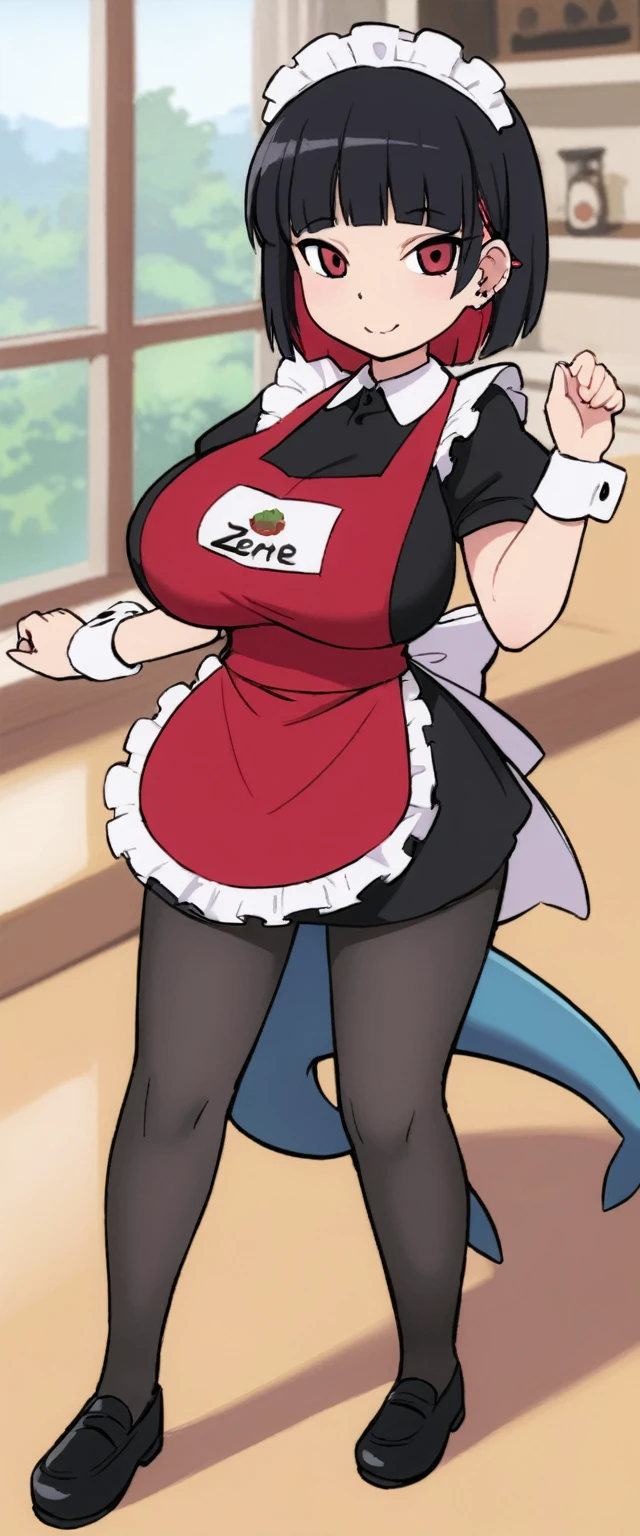 olo,1girl(big breast)(masterpiece, best quality:1.2),Ellen Jo,Zenless Zone Zero,alternate costume ,maid, shark tail, (shark girl:0.5), short hair,black hair,red eyes, tail, pantyhose,multicolored hair, black footwear, short sleeves, apron, wrist cuffs, maidheaddress, stockings, nyantchaellen joe, black hair, red hair,colored inner hair, multicolored hair, (red eyes:1.3), red hair, short hair, two-tone hair,apron, black pantyhose, black shirt, ear piercing,