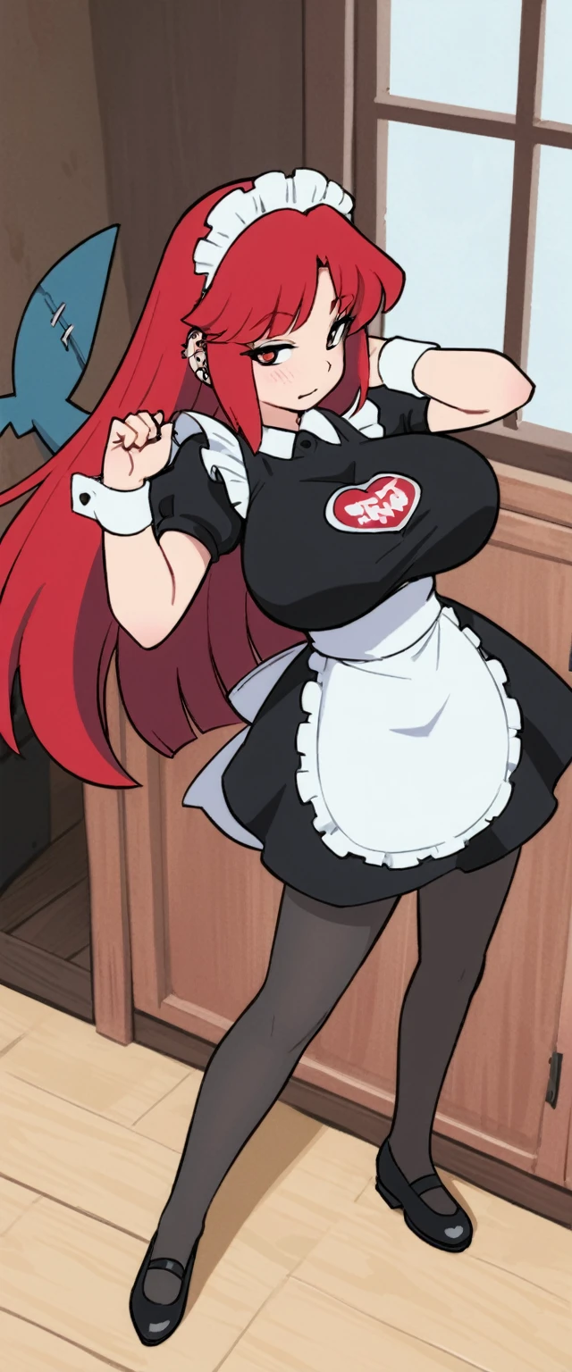 olo,1girl(big breast)(masterpiece, best quality:1.2),Ellen Jo，Zenless Zone Zero，alternate costume ,maid, shark tail, (shark girl:0.5), short hair，black hair，red eyes, tail, pantyhose,multicolored hair, black footwear, short sleeves, apron, wrist cuffs, maidheaddress, stockings, nyantchaellen joe, black hair, red hair，colored inner hair, multicolored hair, (red eyes:1.3), red hair, short hair, two-tone hair,apron, black pantyhose, black shirt, ear piercing, 