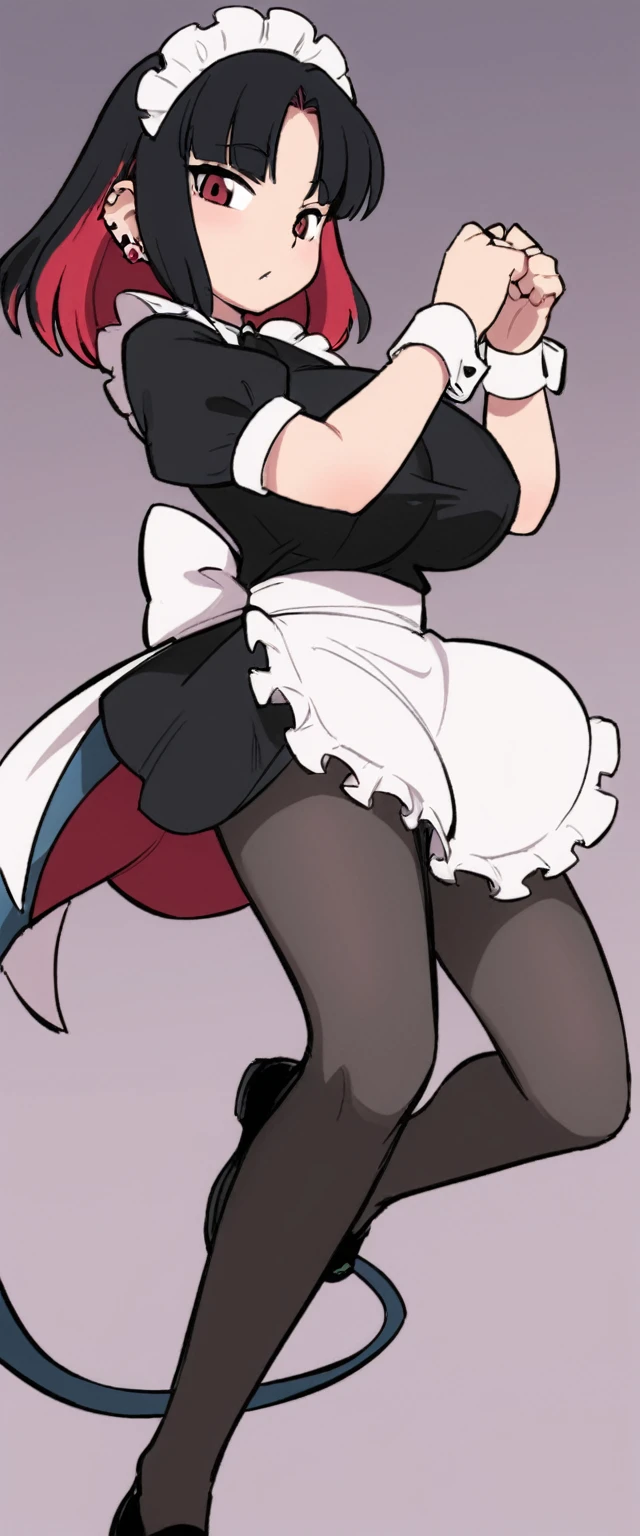 olo,1girl(big breast)(masterpiece, best quality:1.2),Ellen Jo，Zenless Zone Zero，alternate costume ,maid, shark tail, (shark girl:0.5), short hair，black hair，red eyes, tail, pantyhose,multicolored hair, black footwear, short sleeves, apron, wrist cuffs, maidheaddress, stockings, nyantchaellen joe, black hair, red hair，colored inner hair, multicolored hair, (red eyes:1.3), red hair, short hair, two-tone hair,apron, black pantyhose, black shirt, ear piercing, 