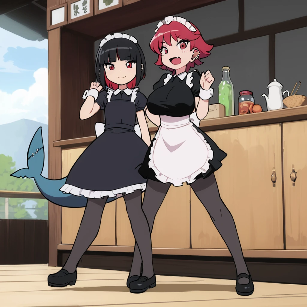 olo,1girl(big breast)(masterpiece, best quality:1.2),Ellen Jo,Zenless Zone Zero,alternate costume ,maid, shark tail, (shark girl:0.5), short hair,black hair,red eyes, tail, pantyhose,multicolored hair, black footwear, short sleeves, apron, wrist cuffs, maidheaddress, stockings, nyantchaellen joe, black hair, red hair,colored inner hair, multicolored hair, (red eyes:1.3), red hair, short hair, two-tone hair,apron, black pantyhose, black shirt, ear piercing,