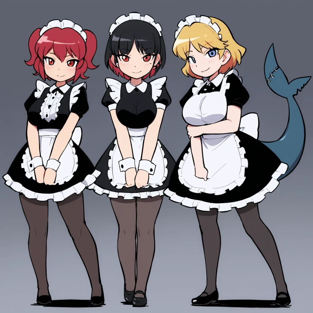 olo,1girl(big breast)(masterpiece, best quality:1.2),Ellen Jo，Zenless Zone Zero，alternate costume ,maid, shark tail, (shark girl:0.5), short hair，black hair，red eyes, tail, pantyhose,multicolored hair, black footwear, short sleeves, apron, wrist cuffs, maidheaddress, stockings, nyantchaellen joe, black hair, red hair，colored inner hair, multicolored hair, (red eyes:1.3), red hair, short hair, two-tone hair,apron, black pantyhose, black shirt, ear piercing, 