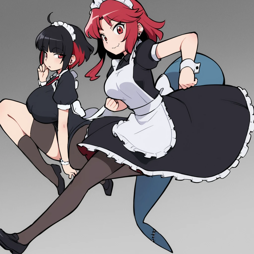 olo,1girl(big breast)(masterpiece, best quality:1.2),Ellen Jo，Zenless Zone Zero，alternate costume ,maid, shark tail, (shark girl:0.5), short hair，black hair，red eyes, tail, pantyhose,multicolored hair, black footwear, short sleeves, apron, wrist cuffs, maidheaddress, stockings, nyantchaellen joe, black hair, red hair，colored inner hair, multicolored hair, (red eyes:1.3), red hair, short hair, two-tone hair,apron, black pantyhose, black shirt, ear piercing, 