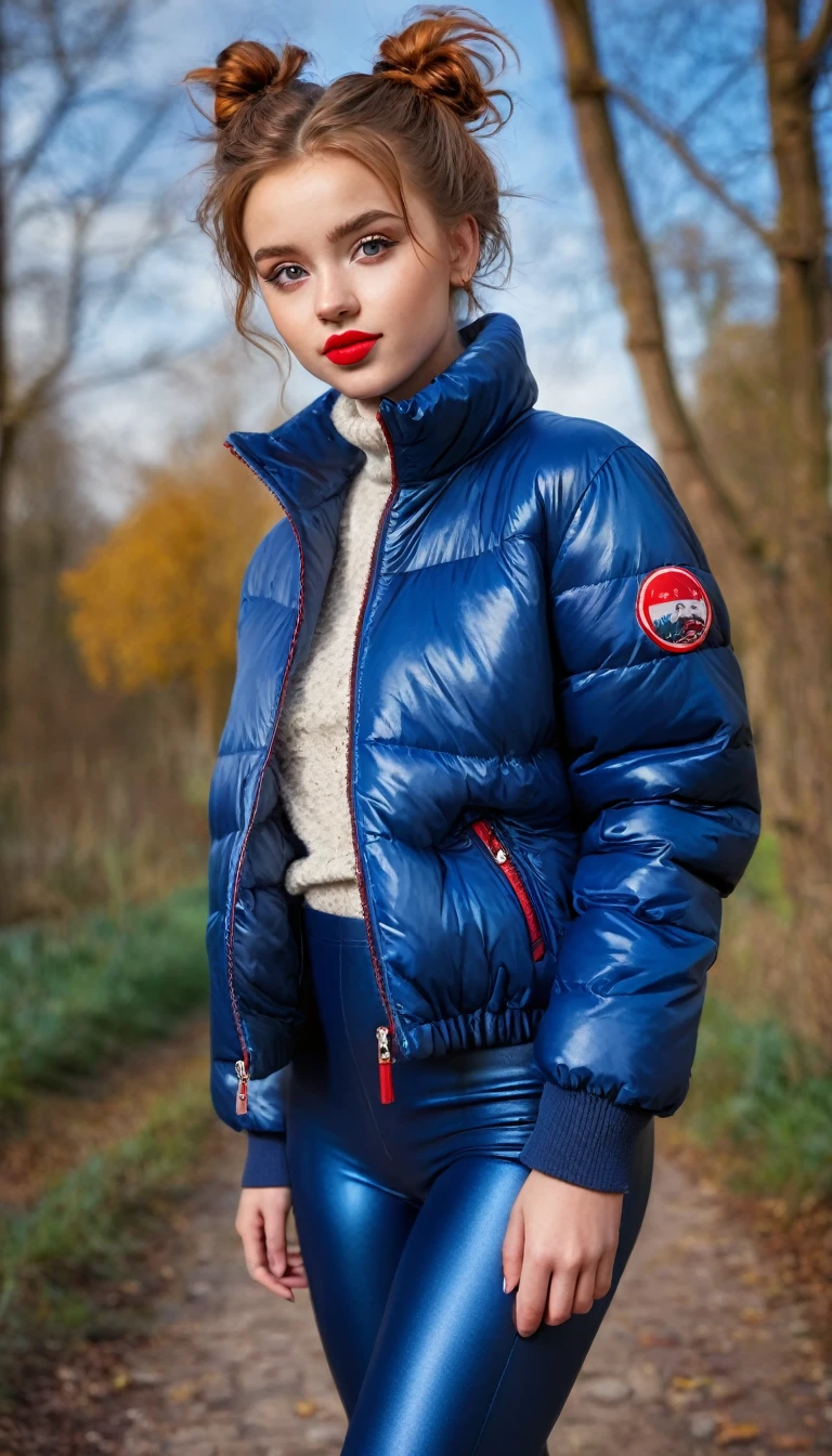 ultrarealistic high quality fullbody photo of a beautiful slim european teen girl with cute hyperdetailed shy face and natural redhead short messy bun and mischievous face, realistic round hazel eyes, red lips, dark eye makeup with eyeliner, wearing shiny blue puffer jacket and faux leather leggins, hourglass body, outdoor shooting